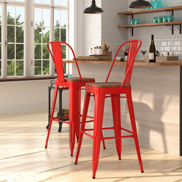30" Red Metal Dining Stool With Curved Slatted Back and Wooden Seat