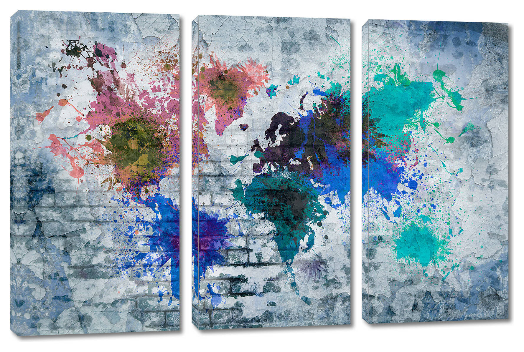 Blue Brick Wall Art World Map Canvas Print, 3 Panel Split, Triptych ...