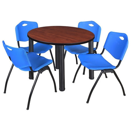 Kee 36" Round Breakroom Table, Cherry/Black and 4 "M" Stack Chairs, Blue