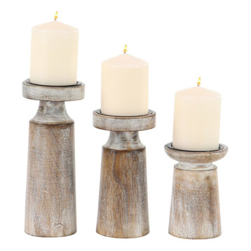 Set of 3 Brown Mango Wood Natural Candle Holder, 13", 15", 18", 6", 8", and 10",