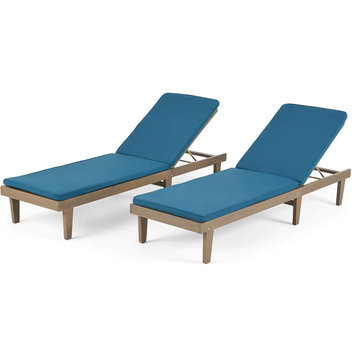 Set of 2 Outdoor Chaise Lounge, Acacia Frame With Water Resistant Blue Cushion
