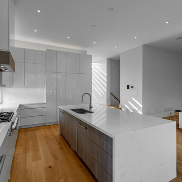 Contemporary Kitchen Design Two Tone White High Gloss & Grey Wood Print Melamine