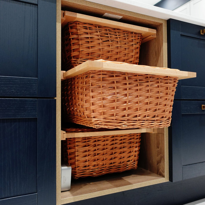 Inspiration for a large transitional single-wall porcelain tile, white floor and coffered ceiling open concept kitchen remodel in Other with a drop-in sink, shaker cabinets, medium tone wood cabinets,