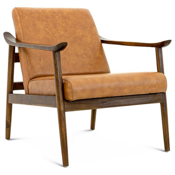 Pemberly Row Mid-Century Leather/Wood Accent Armchair in Cognac Tan