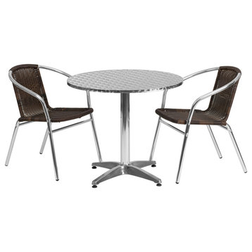 31.5" Round Aluminum Indoor Outdoor Table With 2 Dark Brown Rattan Chairs