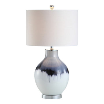 Mia 27" Glass and Metal Led Table Lamp, Blue and White