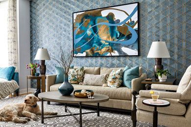Inspiration for a contemporary formal carpeted, multicolored floor and wallpaper living room remodel in DC Metro with blue walls