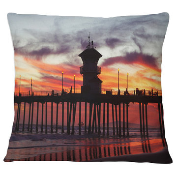 Pier California at Sunset with Clouds Seashore Throw Pillow, 16"x16"