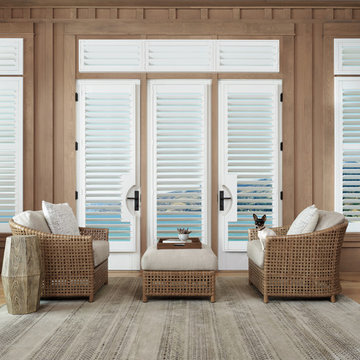 Coastal White Living Room Custom Window Shutter by Hunter Douglas