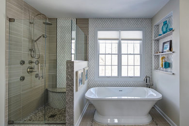 Mid-sized transitional master gray tile and porcelain tile porcelain tile bathroom photo in Chicago with shaker cabinets, dark wood cabinets, a two-piece toilet, gray walls, an undermount sink and quartz countertops
