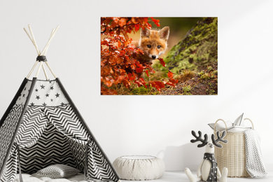 Baby Red Fox Face and Autumn Leaves In Forest Animal Wildlife Nature Photograph Loose Wall Art Print