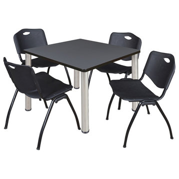 Kee 36" Square Breakroom Table- Grey/ Chrome & 4 'M' Stack Chairs- Black