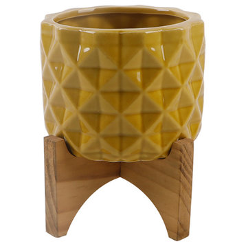 5" Gl Mustard Ceramic Dimple On Wood Stand