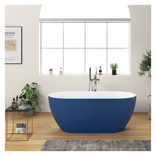 Modern bathroom with freestanding bathtub, modern taps and blue