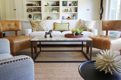 Example of a mid-sized trendy formal and open concept brown floor and dark wood floor living room design in San Francisco with no tv, beige walls, a two-sided fireplace and a stone fireplace