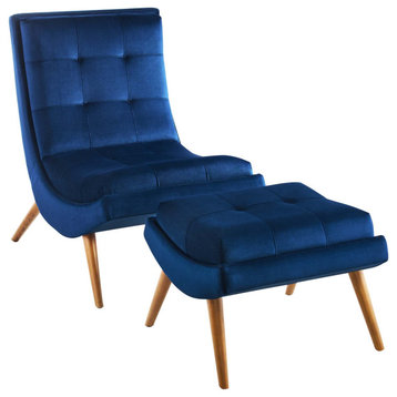 Ramp Upholstered Performance Velvet Lounge Chair and Ottoman Set, Navy