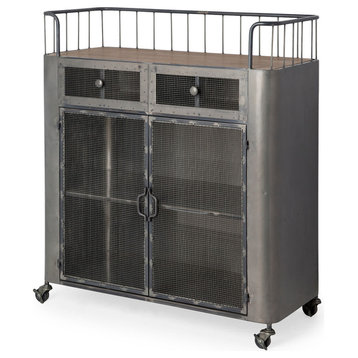 Udo Grey Metal w/ 2 Door Cabinet, 2 Drawers & Wood Top Bar Cart