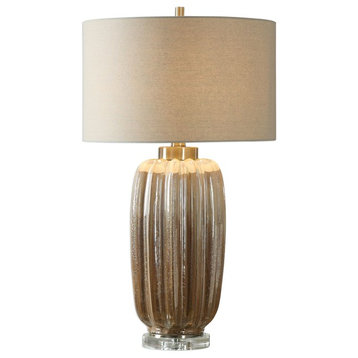 Elegant Ribbed Ceramic Earth Tones Table Lamp, Pearlescent Brown Tan Round