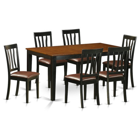 7-Piece Kitchen Table Set, Dining Table and 6 Wooden Chairs, Leather, Black