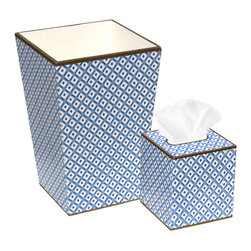 Blue & White Diamond Wastebasket & Tissue Box Set - Bathroom Accessories