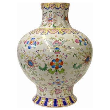 Chinese White Base Porcelain Hand-painted Flower Color Graphic Vase Aws1828