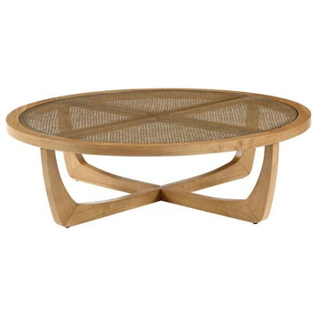 Elegant Coffee Table, Crossed Base & Round Glass Top With Rattan Surface, Honey