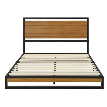 Full size Modern Metal Platform Bed Frame with Solid Brown Wood Slatted Headboar