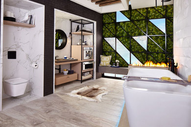 Photo of an expansive modern master bathroom in Other with flat-panel cabinets, distressed cabinets, a freestanding tub, an open shower, a wall-mount toilet, white tile, cement tile, white walls, porcelain floors, a vessel sink, concrete benchtops, white floor, an open shower and grey benchtops.
