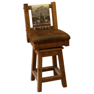 Barnwood Style Timber Peg Swivel Upholstered Barstool, Early American, Bear Run and Palomino Tobacco, Counter Height