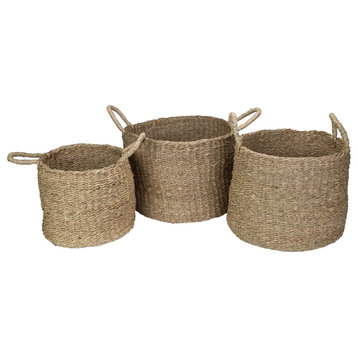 Set of 3 Round Natural Beige Seagrass Table and Floor Baskets