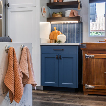 Coastal Blue Cabinetry with Open Shelving Detail