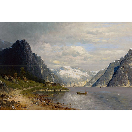 Tile Mural Kitchen Backsplash Traveling Across a Fjord, Marble