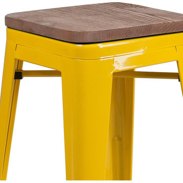 30" High Backless Yellow Metal Barstool With Square Wood Seat