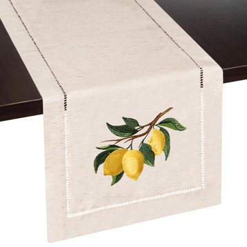 Lemon Branch Embroidered Hemstitch Table Runner, Rustic Farmhouse Decor, Natural Beige, 14 X 72 Inches