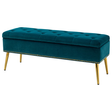 Button-tufted Storage Bench with Nailhead Trim, Teal