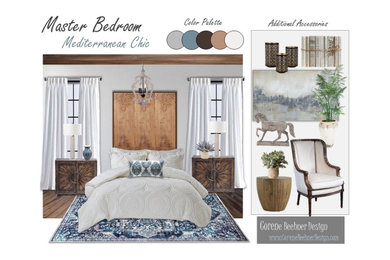 Inspiration for a mediterranean master dark wood floor and brown floor bedroom remodel in Orlando with white walls