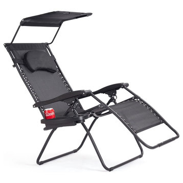 Folding Recliner Lounge Chair With Shade Canopy Cup Holder, Black