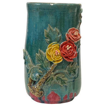 Chinese Turquoise Teal Glaze Dimensional Flower Holder Pot Vase Hws3051