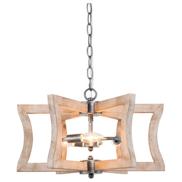 3-Lights Farmhouse and Distressed Off-White Wood Chandelier