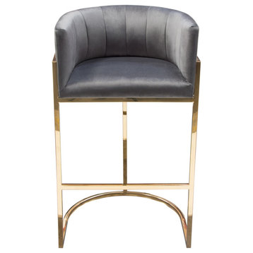 Pandora Bar Height Chair in Grey Velvet with Polished Gold Frame