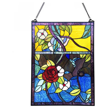 Chloe Lighting Rose Floral-Style Black Finish StainedGlass Window Panel 24" Tall