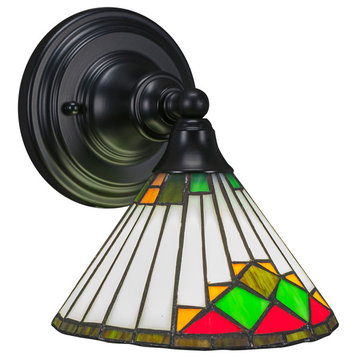 Wall Sconce In Matte Black, 7" Green Sunray Tiffany Glass