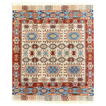 Bareens Designer Rugs - Tribal Khurgeen Eddy Ivory/Red Wool Rug - 4'11'' x 6'5'' - Designed with a mesmerizing intricate transitional and geometric motif this glorious hand knotted rug made with handspun Ghazni wool is a masterpiece that will fill any space with sophistication and grace. Hand knotted by skilled artisans in an exhilarating color pallet with an elaborate design, this masterpiece features luxurious hand spun wool with all vegetable dyes to add comfort and style to your decor. The design, color, and beautiful chromatic composition with a sheen in transitional and geometric designs, exude beauty, elegance and quality make this rug an extraordinarily opulent center piece for your living space. The intricate designs known as Khurgeen, Khorgeen or Khorjin range are inspired by the patterns from ancient tribal bags. An infusion of bold, saturated color gives this traditional hand-knotted rug a fresh perspective and modern appeal. Most desired due to its versatility in design and affordability this handmade rug is in a compelling focal point in any living area.
