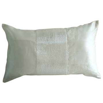 Metallic Beaded White Art Silk 12"x18" Lumbar Pillow Cover, White Center