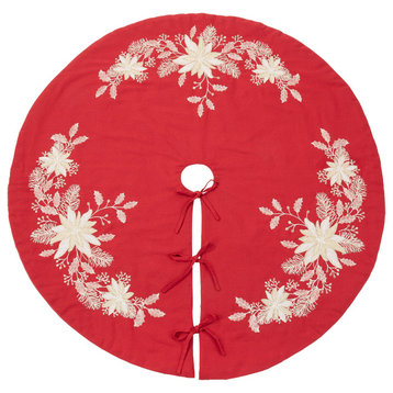 Christmas Tree Skirt With Embroidered Holly Design, Red, 54"x54"