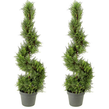 3 Feet Artificial Cypress Spiral Topiary Plant Tree In Plastic Pot,  Green, Set