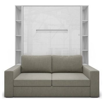 Wall Bed With Sofa, Cabinets, Full XL, White/White/Beige