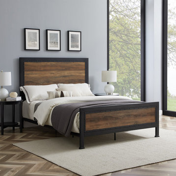 Queen Size Industrial Wood and Metal Bed, Rustic Oak