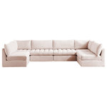 Meridian Furniture - Jacob Velvet Upholstered 6-Piece U-Shaped Modular Sectional, Pink - Create the ideal seating arrangement for your space when you pick and choose the elements you like mostincluding this Jacob velvet modular sectional. Mix and match items in the Jacob collection to bring your living space or family room together with a personalized slant. Soft pink velvet upholstery is soft and welcoming to the touch, adding a luxurious feel to everyday seating. Deep channel tufting adds to the piece's durability, and latches underneath the unit make it easy to attach to other pieces in the collection.