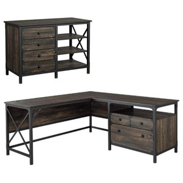 Home Square 2-Piece Set with L-Shaped Desk and Small Credenza in Carbon Oak